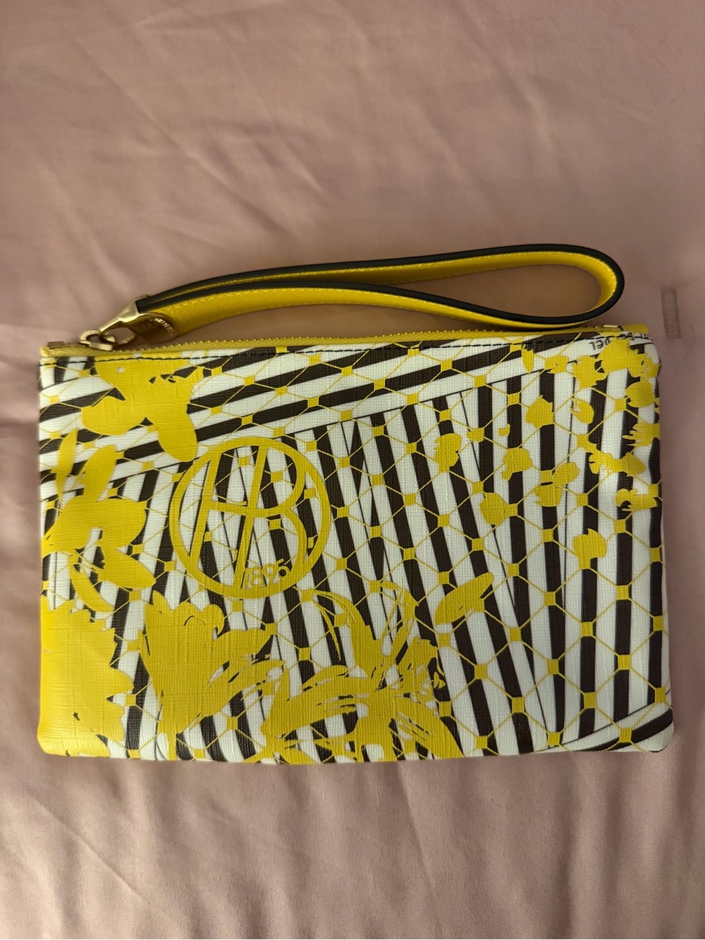 RARE Henri Bendel “Disturbed Stripe”Yellow Floral Wristlet/Clutch EUC